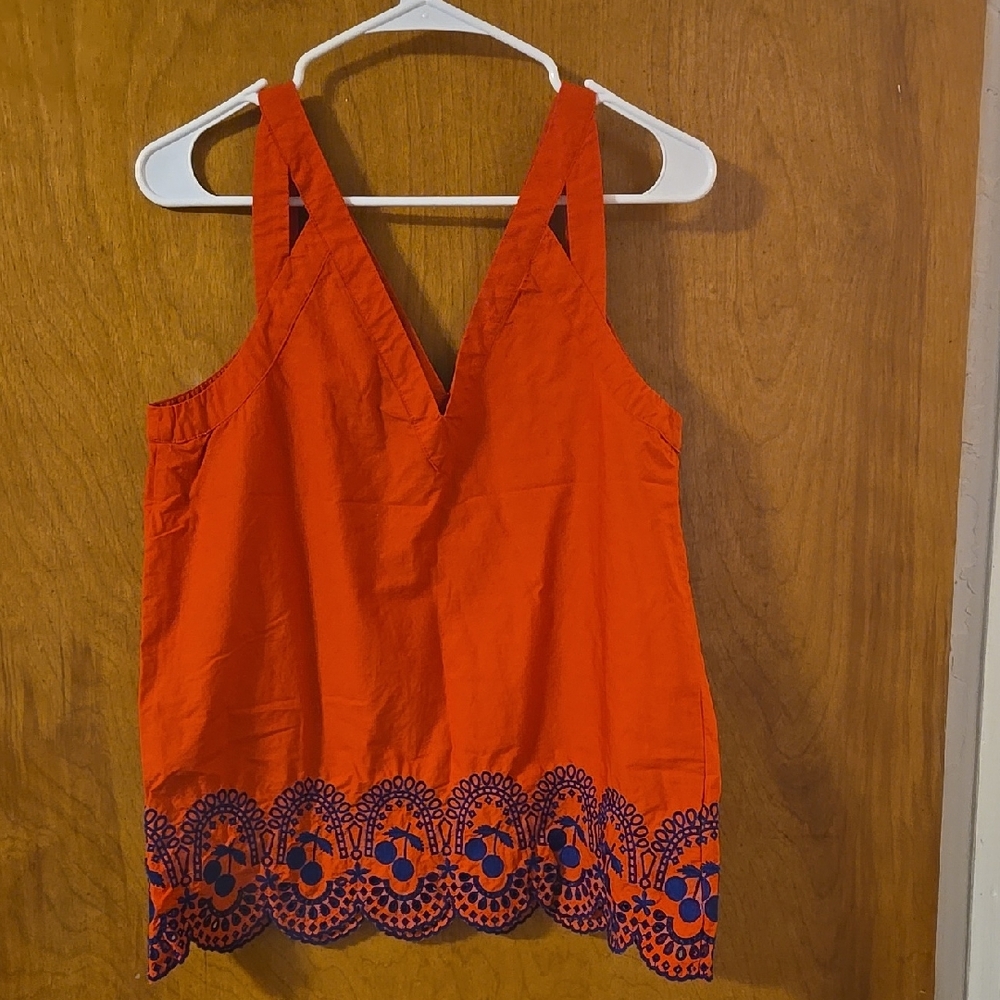 Orange Sleeveless Top with Blue Embroidery Size MEDIUM : A